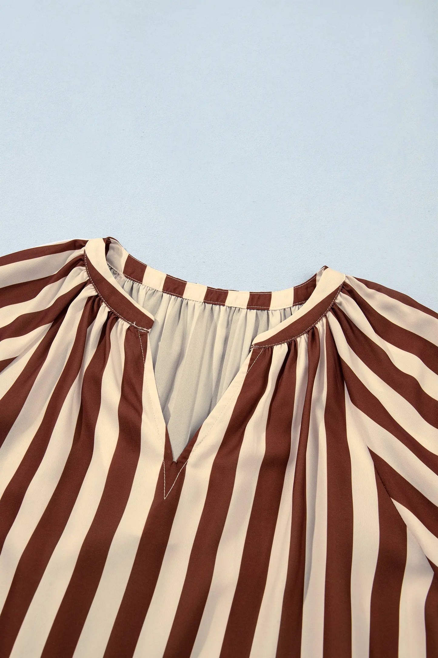 Brown Stripe V Neck Half Sleeve Casual Blouse