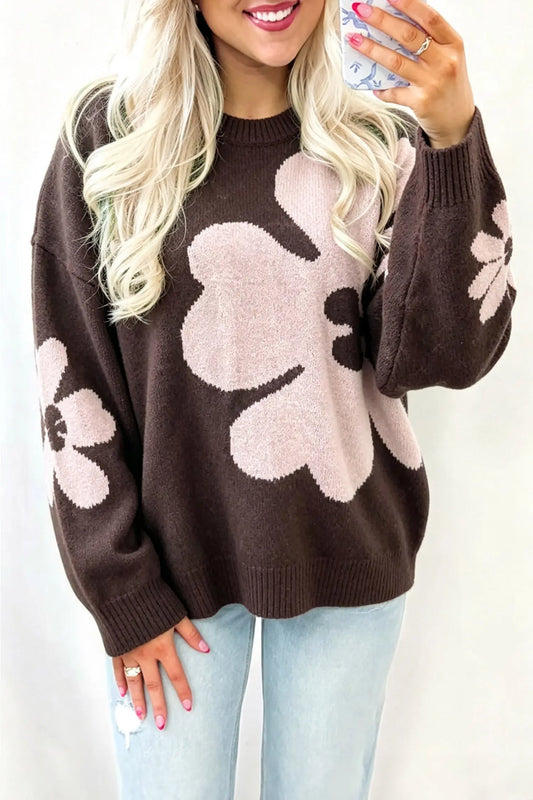 Chicory Coffee Cozy Floral Print Round Neck Dropped Shoulder Casual Sweater model front view · nz-alt-v1