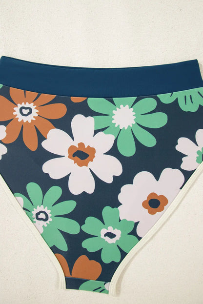 Blue Flower Zip up Racerback High Waisted Bikini