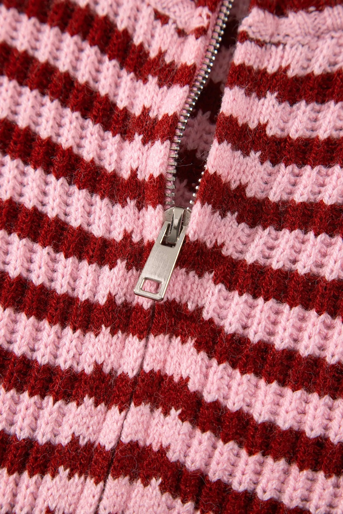 Red Stripe Striped High Neck Zip-up Sweater Long Sleeve Casual Fit Drop Shoulder Open Front Cardigan