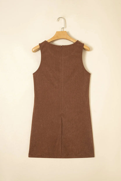 Coffee Geometric Embroidery Sleeveless Corduroy Shift Dress