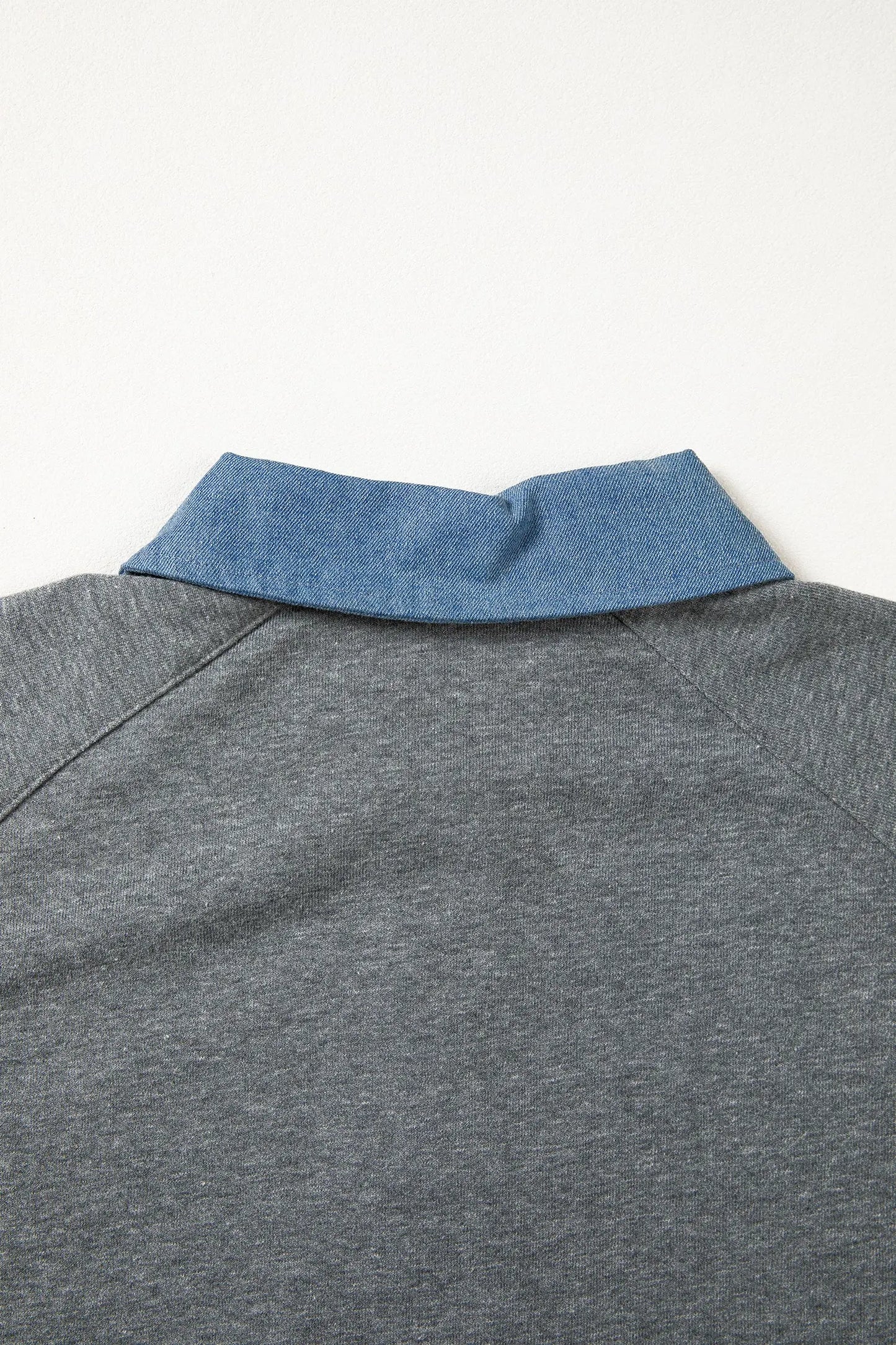 Carbon Grey Denim Color Block Patchwork Shirt Collar Short Sleeve Blouse Nataliz