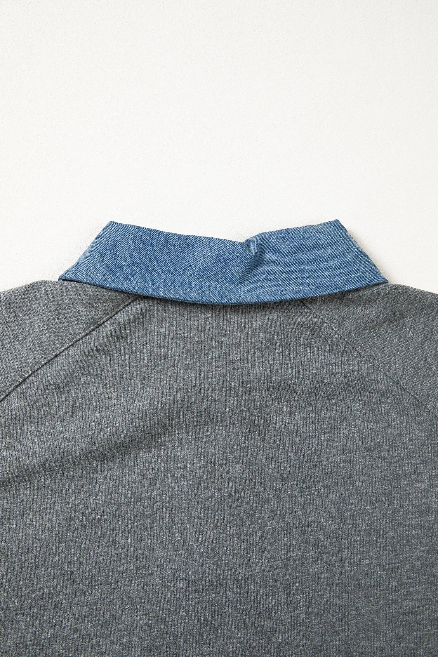 Carbon Grey Denim Color Block Patchwork Shirt Collar Short Sleeve Blouse Nataliz