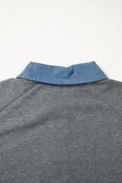 Carbon Grey Denim Color Block Patchwork Shirt Collar Short Sleeve Blouse Nataliz