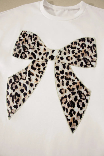 White Contrast Leopard Bow Patched Short Sleeve T Shirt Long Dress - Casual Dresses