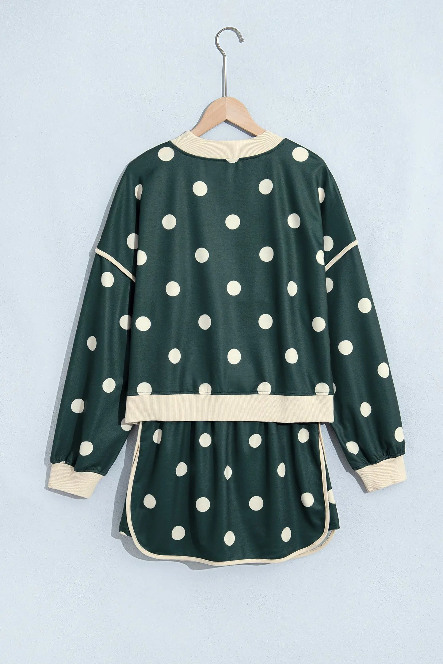 Green Polka Dot Print Color Block Trim Baggy Pullover Drawstring Skirt 2pcs Set