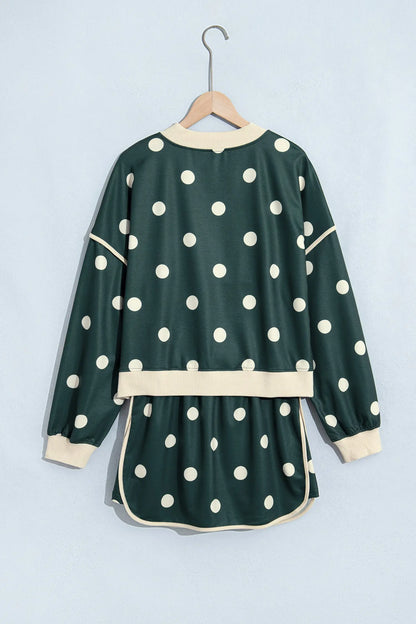 Green Polka Dot Print Color Block Trim Baggy Pullover Drawstring Skirt 2pcs Set
