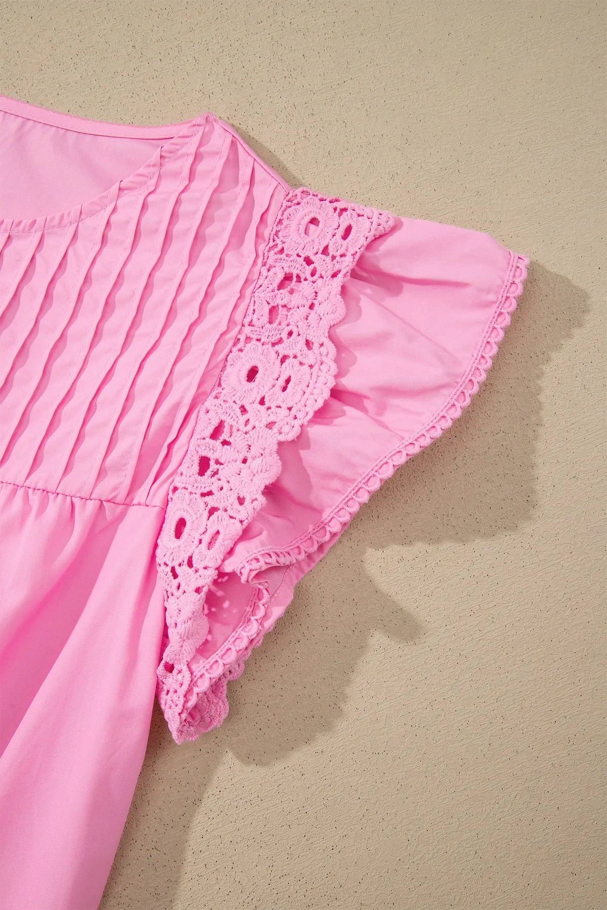 Cotton Bonbon Lace Detail Flutter Sleeve Pleated Round Neck Blouse
