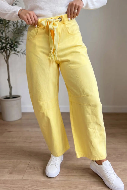 Yellow Solid Color Grommet Detail Knot Waist Barrel Jeans