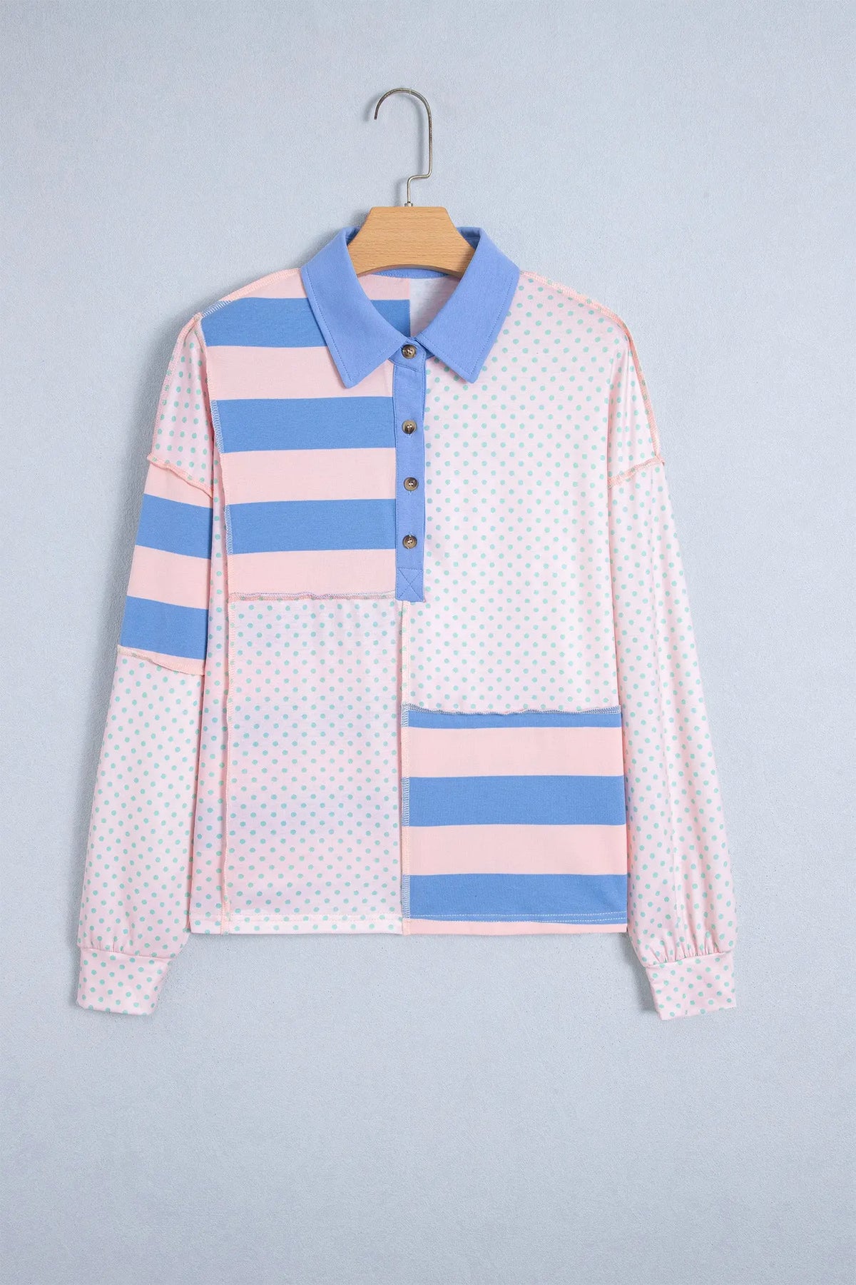 Pink Striped Polka Dot Patchwork Polo Collar Long Sleeve Top