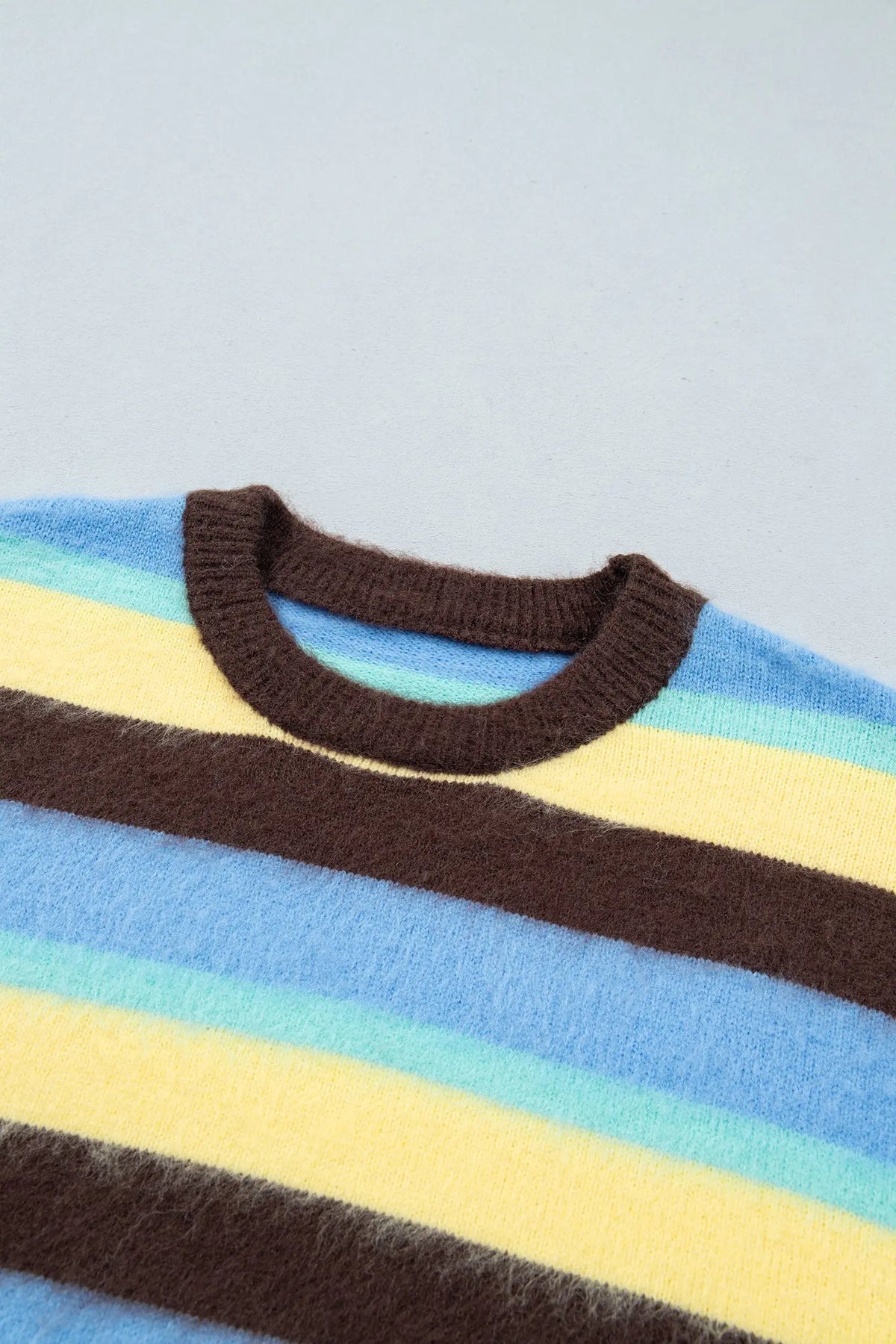 Multicolour Fuzzy Striped Knit Round Neck Casual Shift Sweater