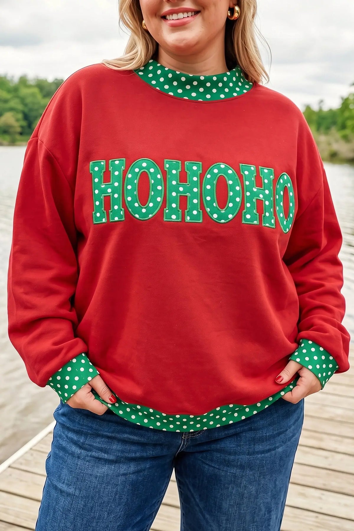 Fiery Red Polka Dot Patchwork Letter Graphic Plus Size Sweatshirt model front view · nz-alt-v1