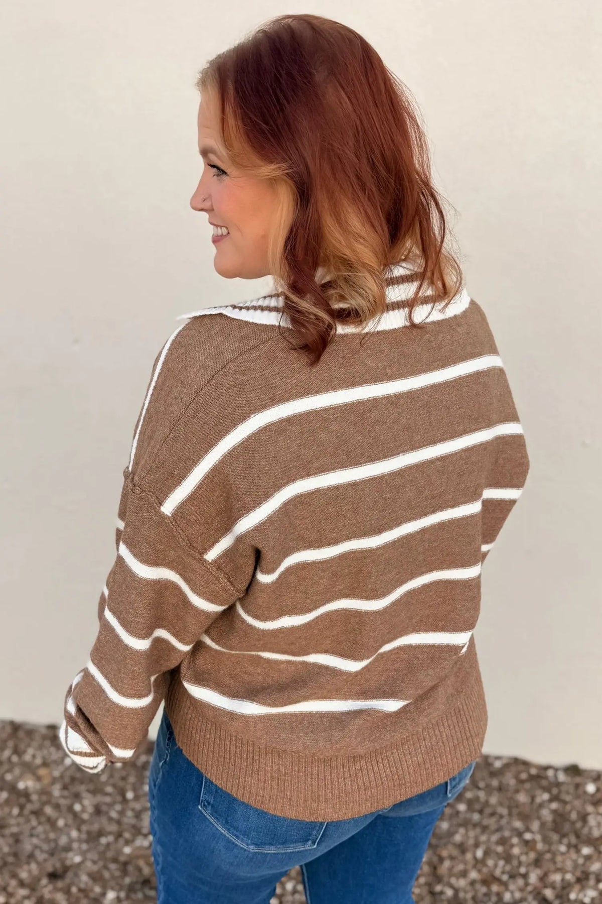 Brown Stripe Striped V Neck Long Sleeve Shift Plus Size Sweater