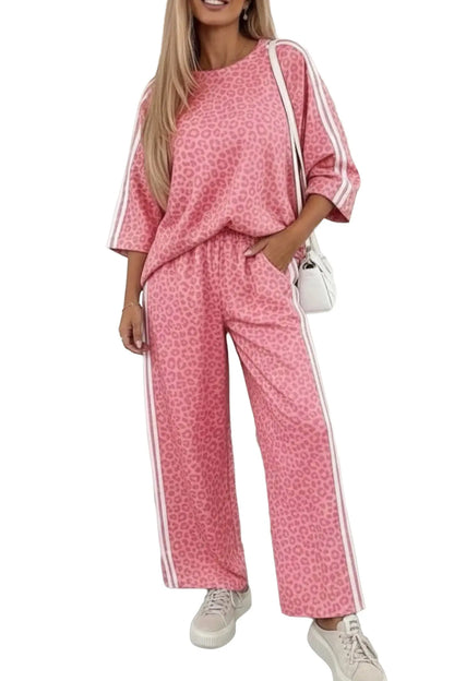 Apricot Leopard Print Varsity Striped Detail 3/4 Sleeve Top Shift Pant Set