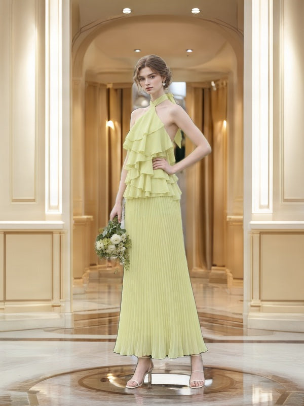 Tiered Ruffle Halter Neck Pleated Maxi Dress model front view · nz-bg-v1