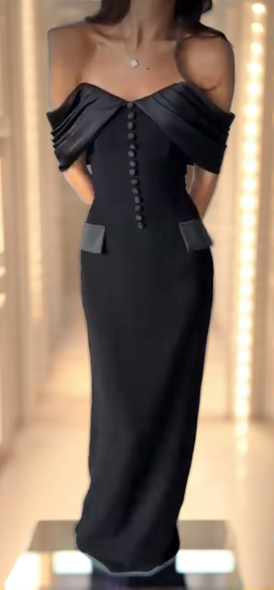 Off-Shoulder Button-Front Column Maxi Dress model front view · nz-bg-v1