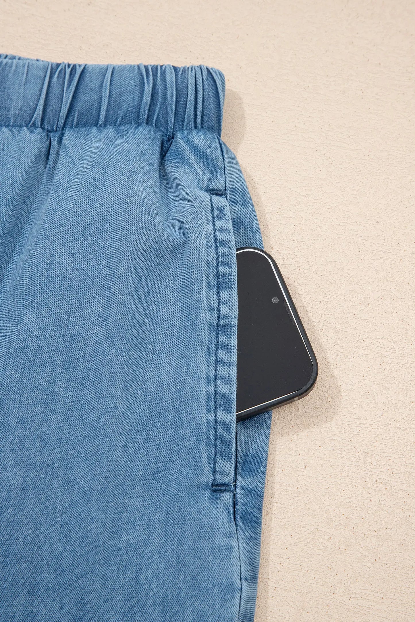 Beau Blue Ruffled Hem Wide Leg Chambray Pants