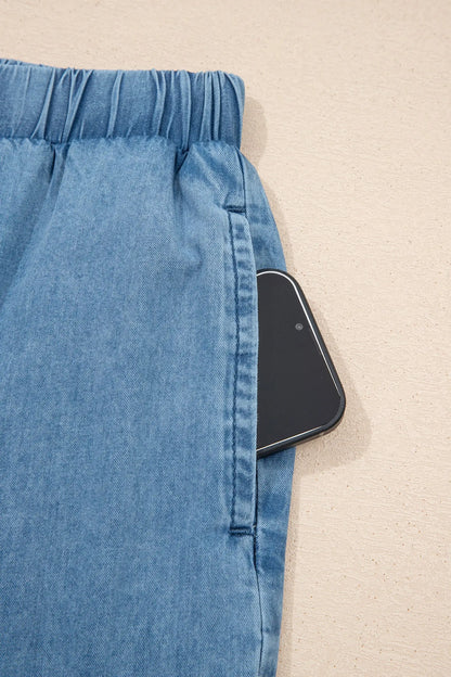 Beau Blue Ruffled Hem Wide Leg Chambray Pants