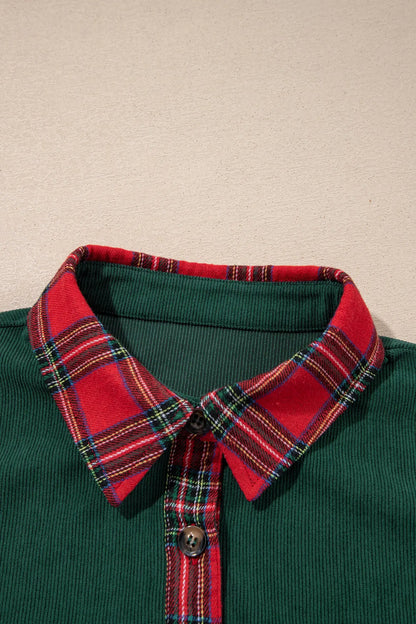 Blackish Green Plaid Pocket Button Long Sleeve Shift Shacket