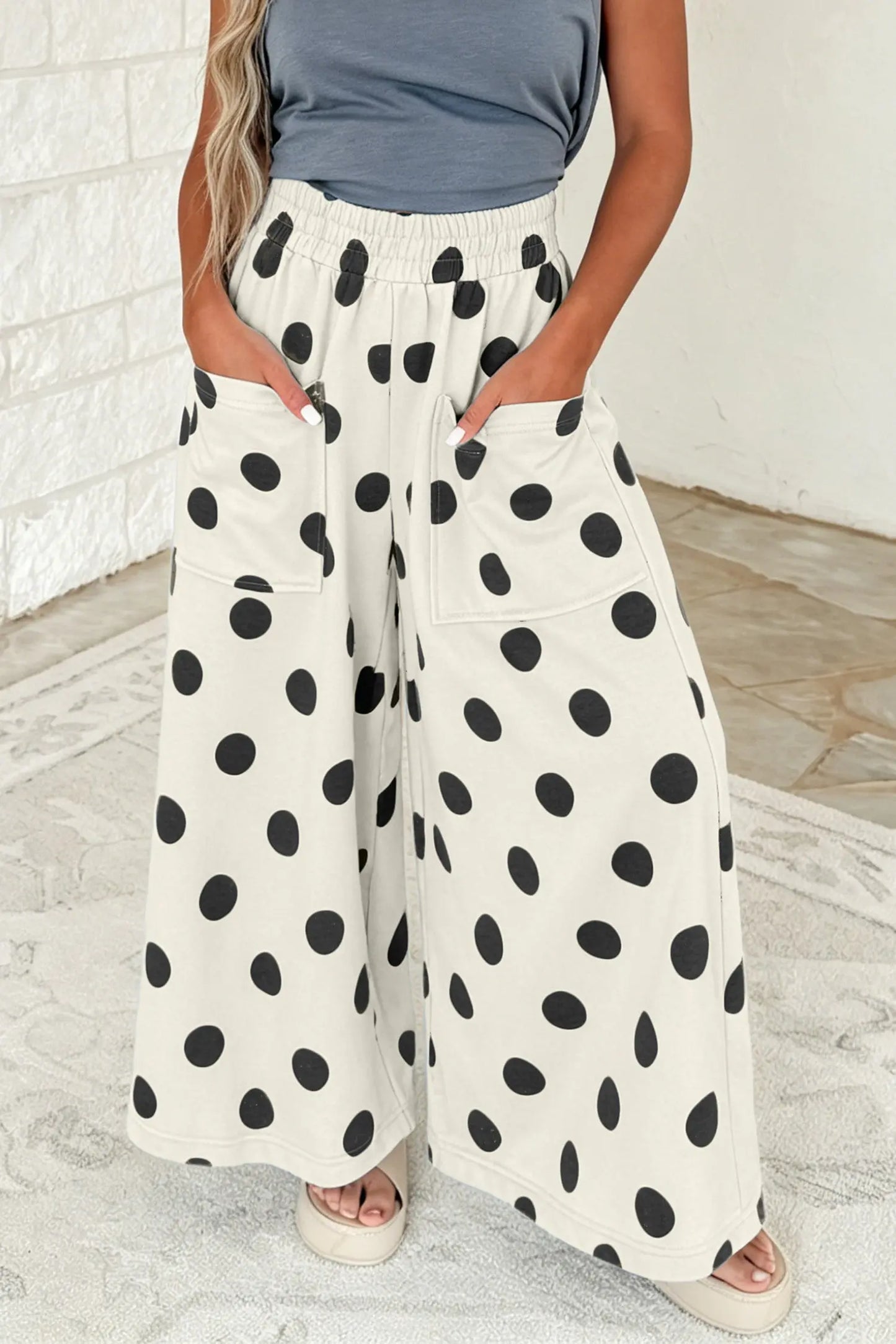 Brown Polka Dot Wide Leg Elastic Waist Casual Pants