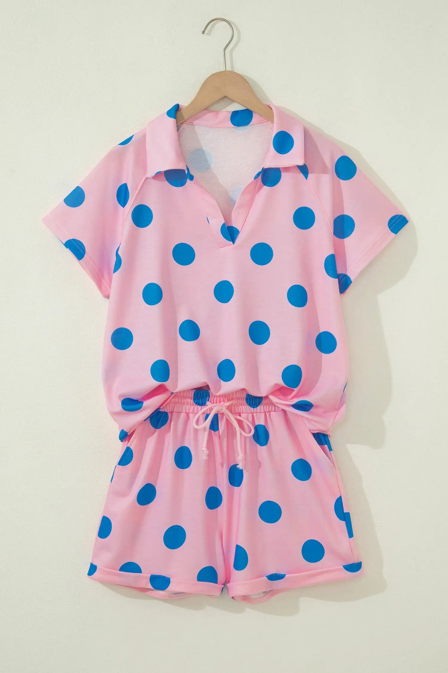 Beige Polka Dot Print V Neck Tee Short Set Nataliz