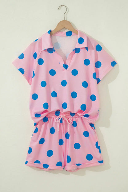 Beige Polka Dot Print V Neck Tee Short Set Nataliz