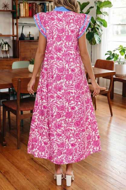 Pink Floral Print Color Block Patchwork V Neck Short Sleeve Midi Dress Nataliz