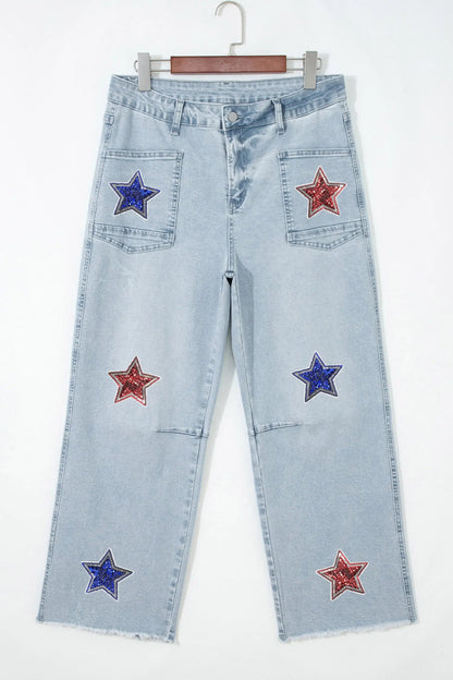 Beau Blue Patriotic Sequin Stars Patch Pocket Shift Jeans