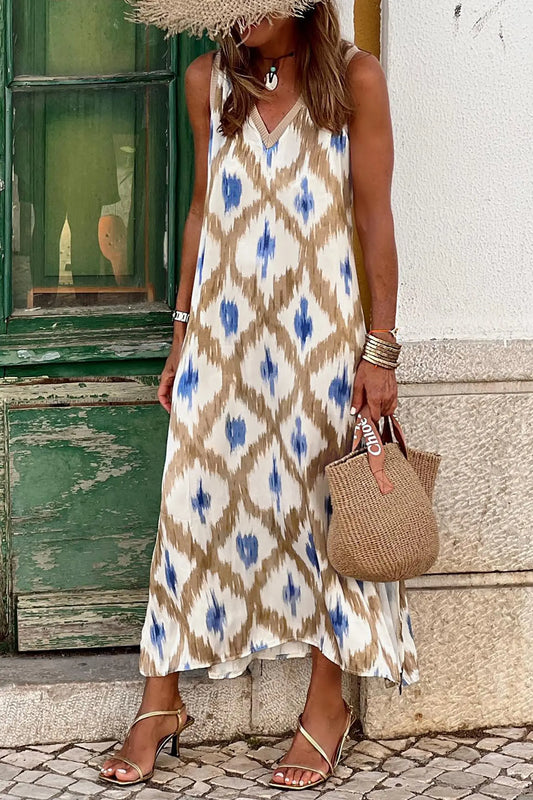 Khaki Boho Abstract Print V Neck Sleeveless Long Dress Nataliz