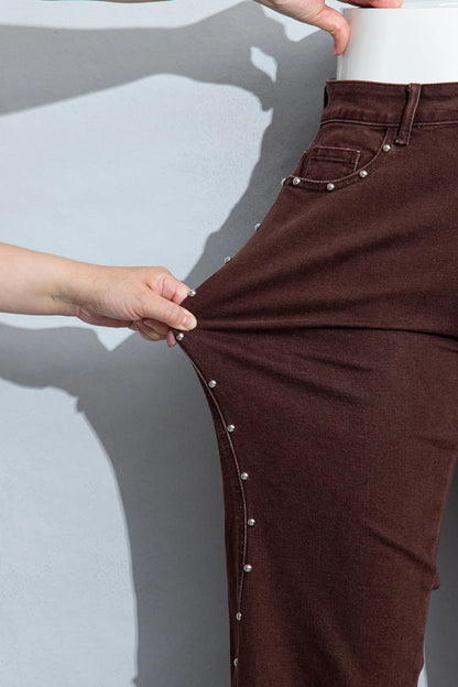 Coffee Side Seam Rivet Detail Ankle Length Casual Jeans