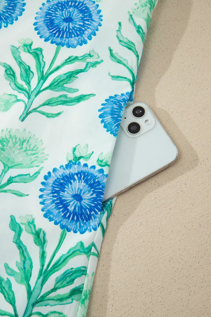 Sky Blue Floral Print Half Button Frilly Short Sleeve Dress