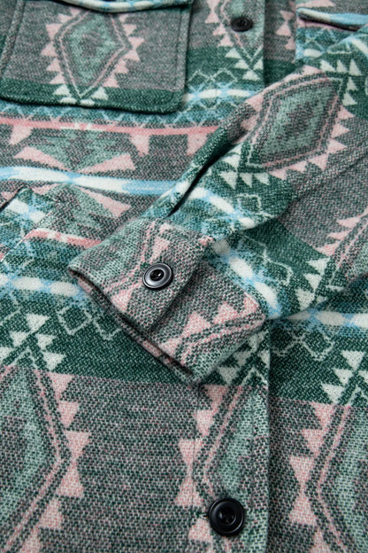 Green Geometric Print Button Front Long Sleeve Shacket