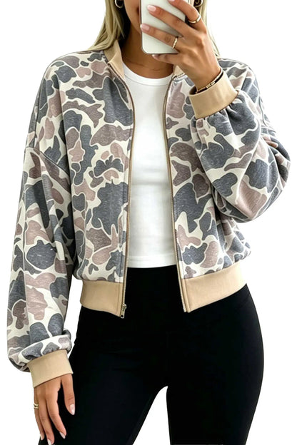 Multicolour Camouflage Print Color Block Trim Zip Bomber Sweatshirt
