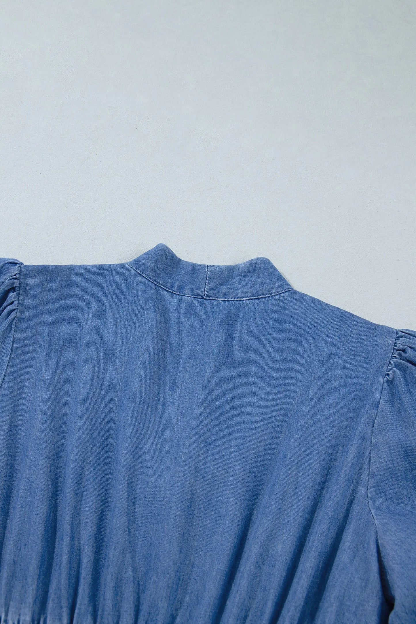 Blue V Neck Shirred Waist Metal Zipper Denim Midi Dress