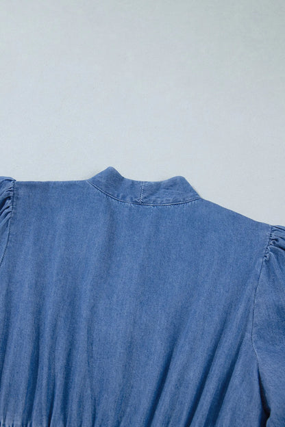 Blue V Neck Shirred Waist Metal Zipper Denim Midi Dress