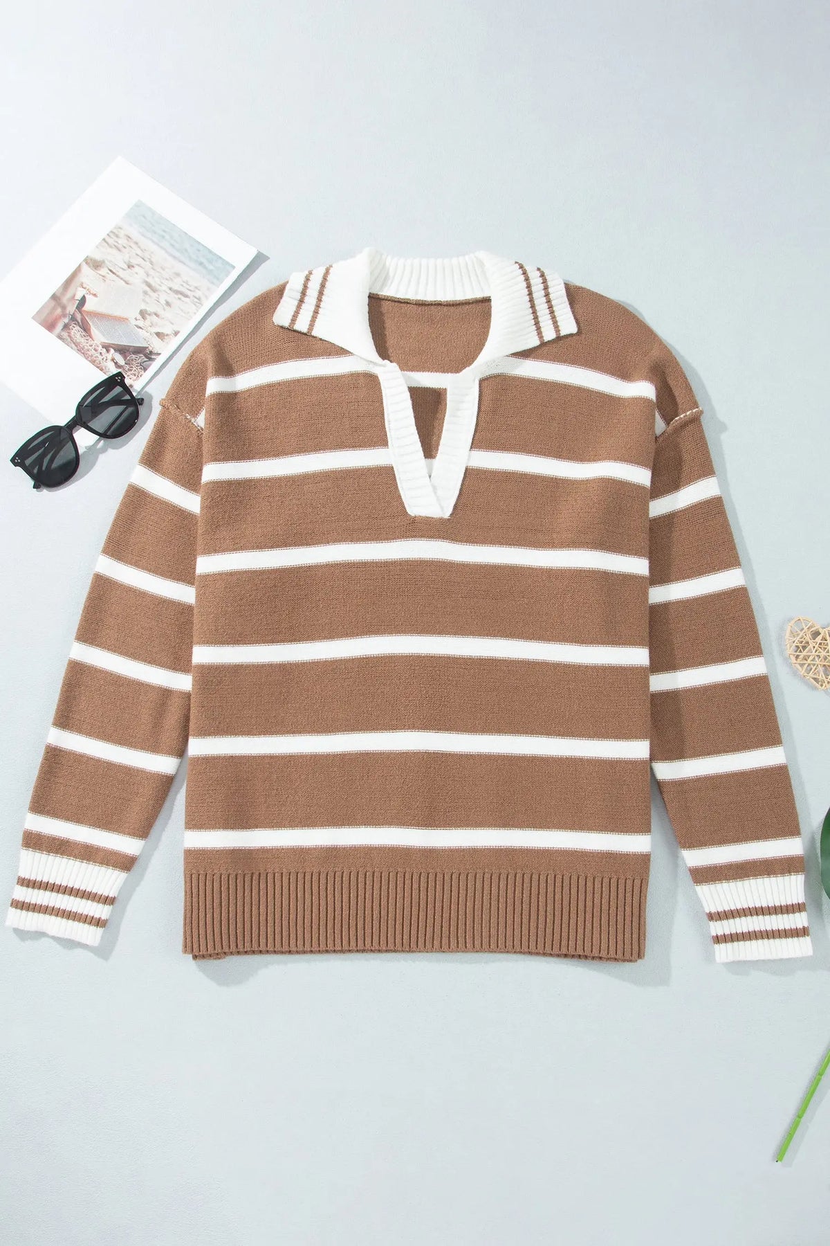 Brown Stripe Striped V Neck Long Sleeve Shift Plus Size Sweater
