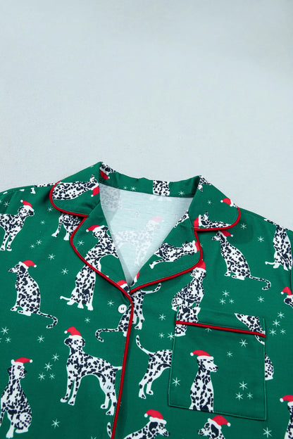 Green Long Sleeve Dog Print Two Piece Shift Lounge Set
