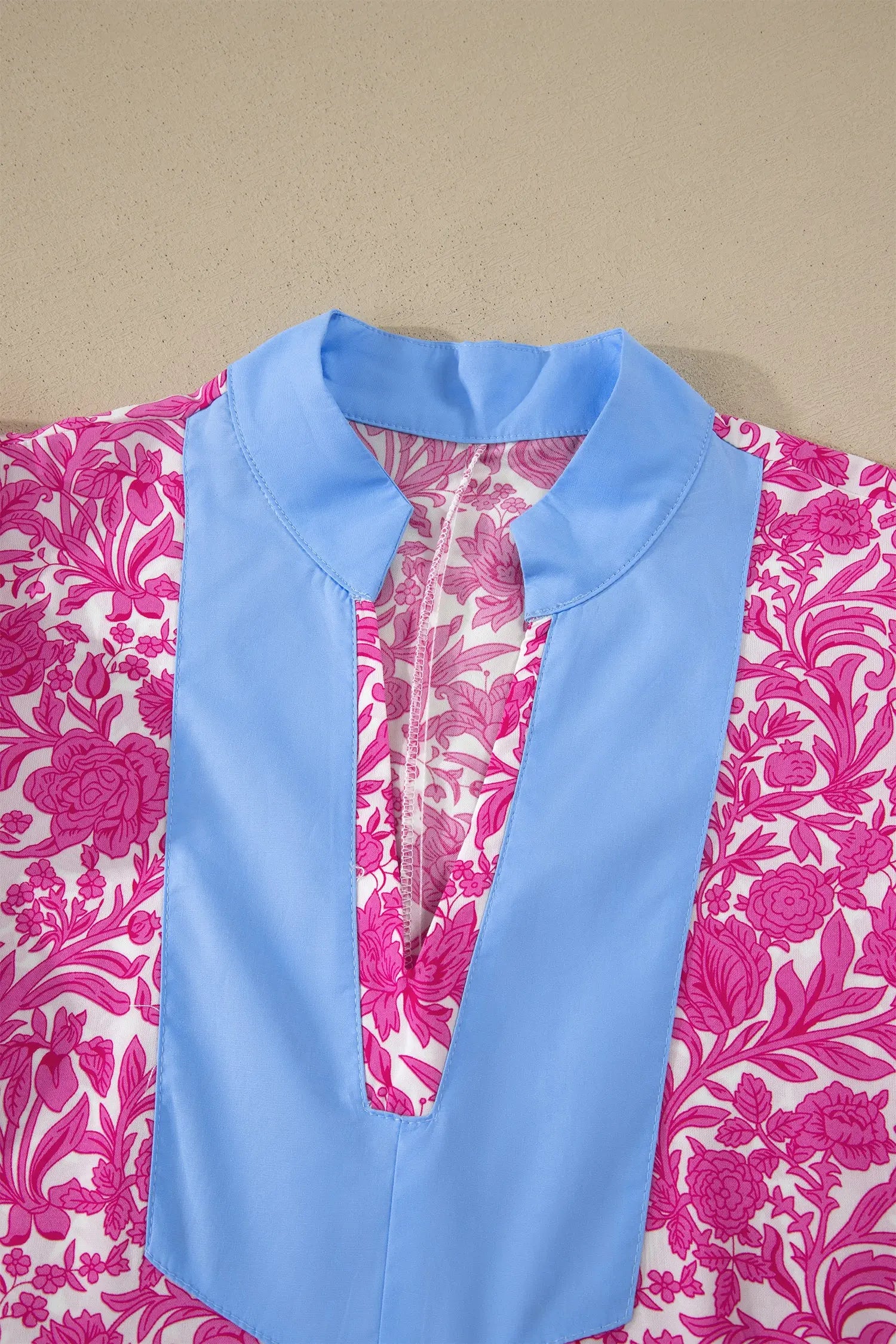 Pink Floral Print Color Block Patchwork V Neck Short Sleeve Midi Dress Nataliz