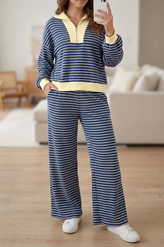 Blue Stripe Color Block Patchwork Zip V Neck Pullover Loose Pants 2pcs Set