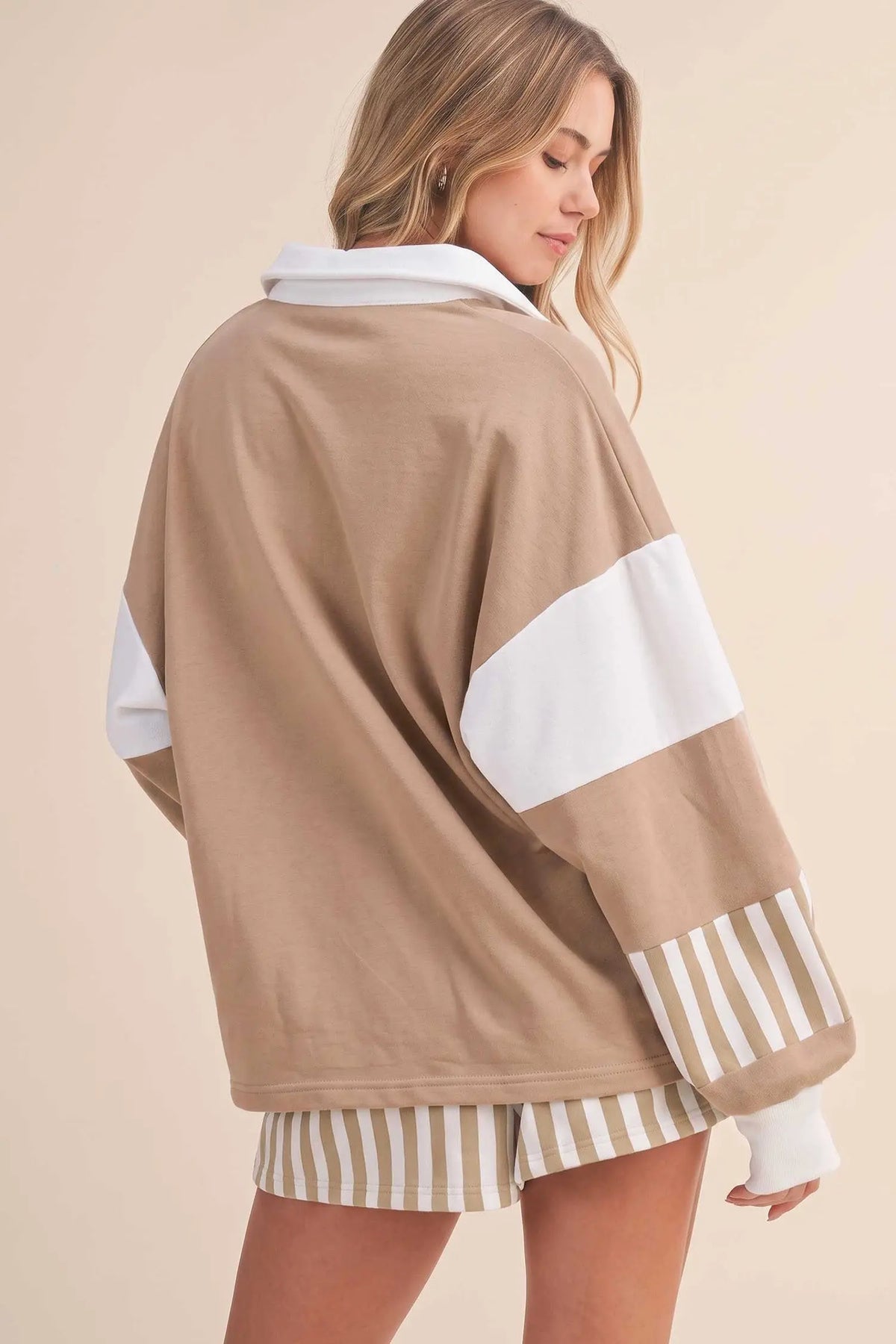 Striped Color Block Pullover Top Drawstring Shorts Set model back view · nz-alt-v1