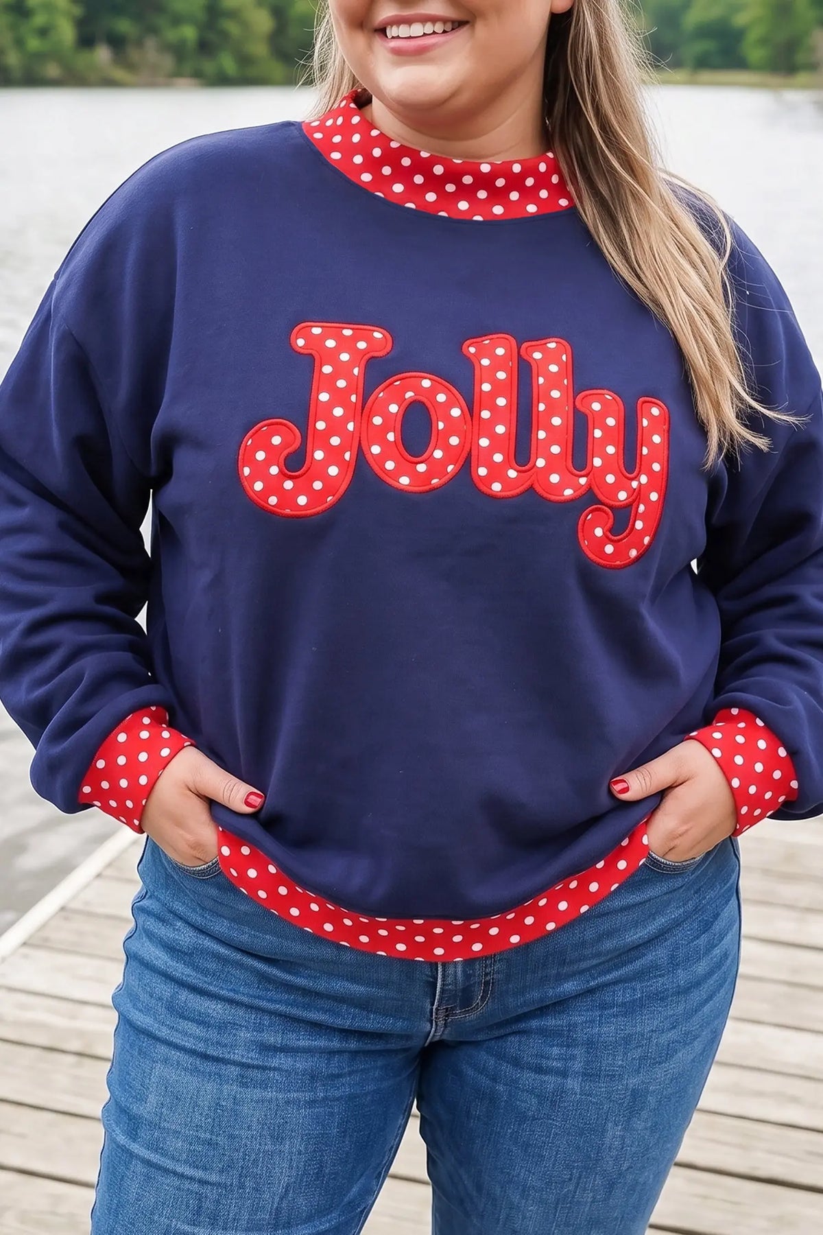 Navy Blue Polka Dot Patchwork Letter Graphic Plus Size Sweatshirt model front view · nz-alt-v1