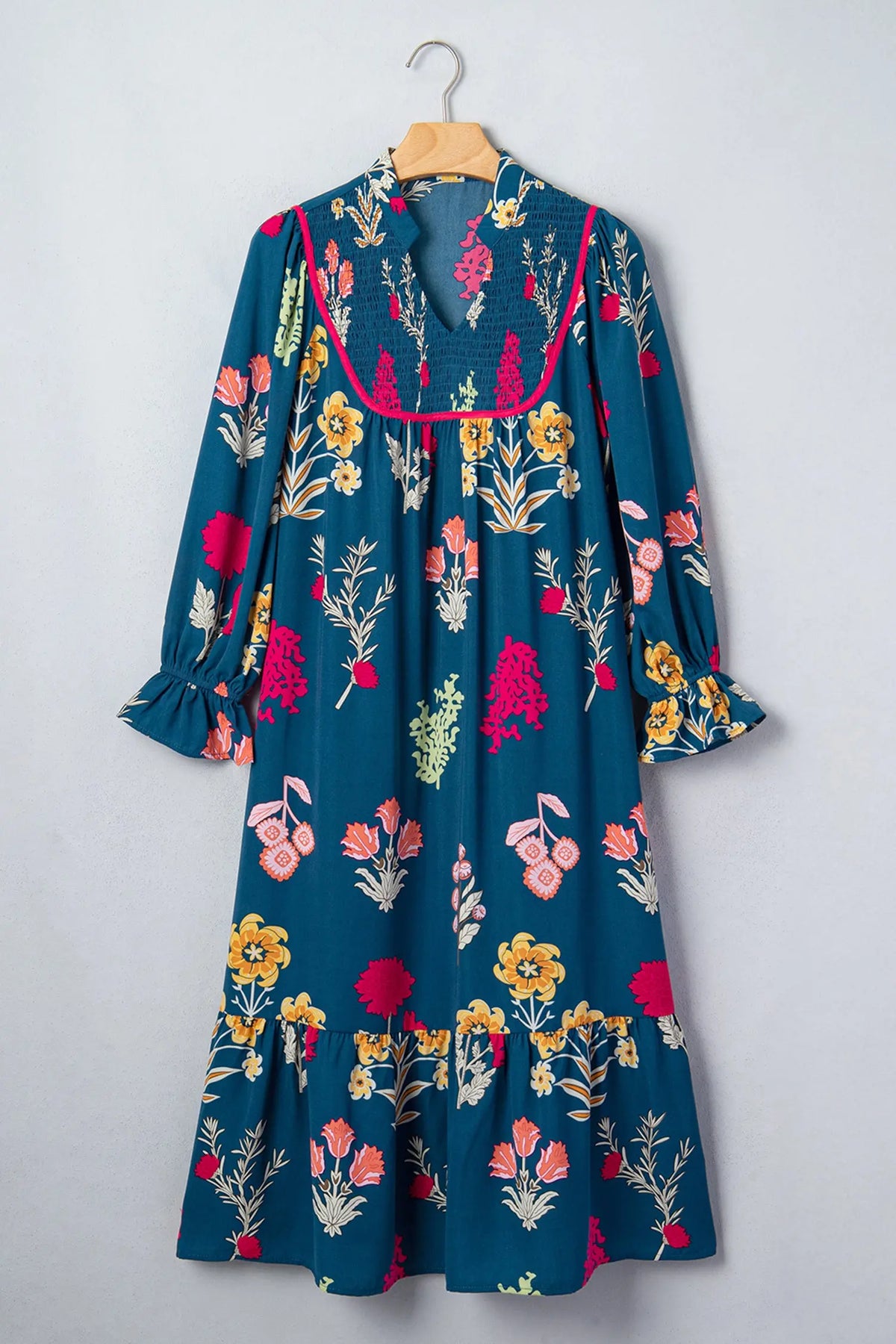 Blue Floral Print Gathered Neckline 7/8 Sleeve Casual Midi Dress hanging view · nz-alt-v1