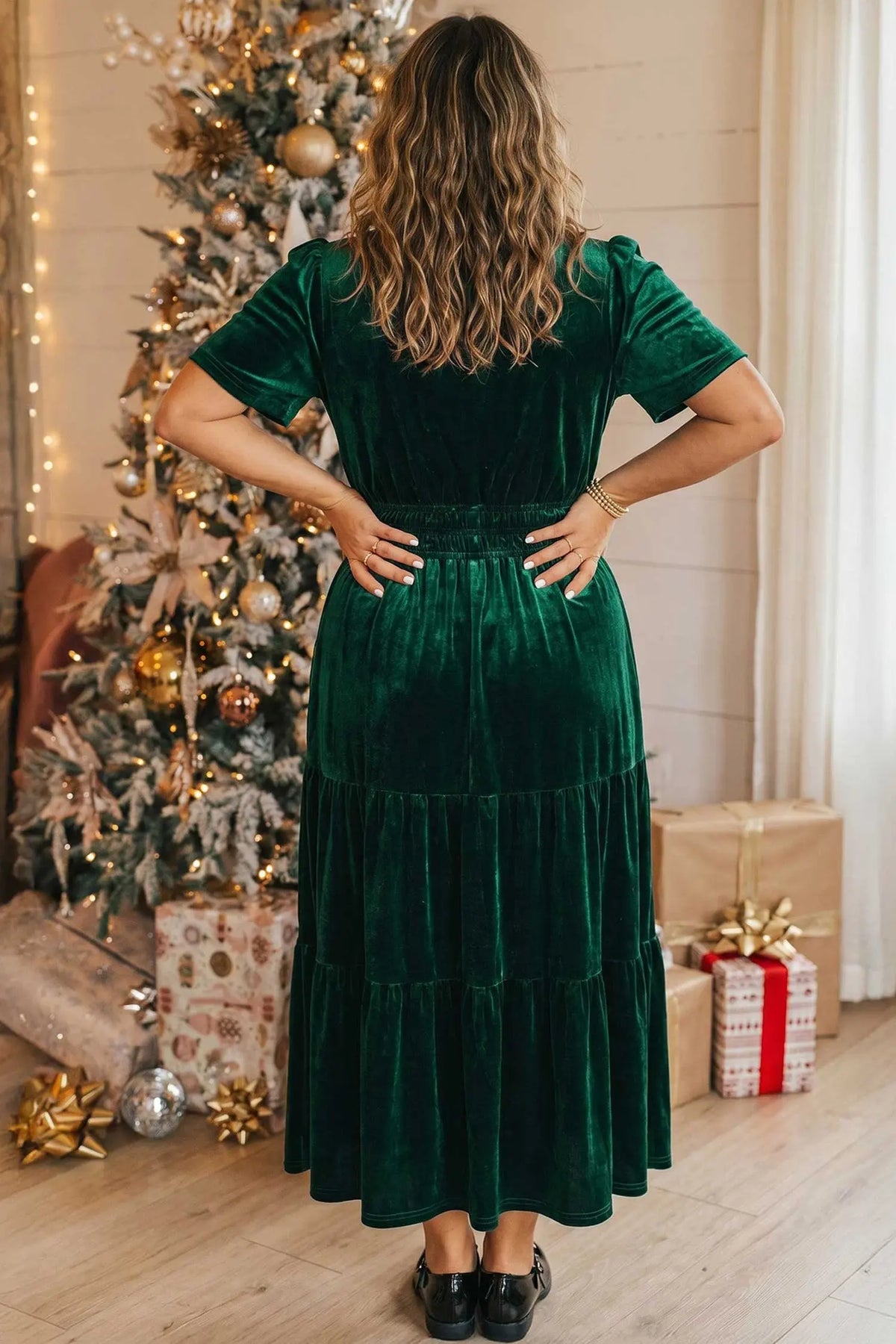 Blackish Green Velvet Short Sleeve Shirred Waist Tiered Plus Size Maxi Dress