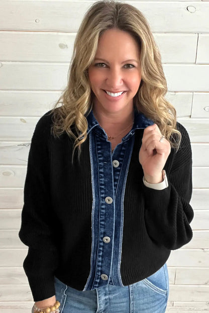 Color black Drop Shoulder Placket Paneling Shirt Collar Long Sleeve Cardigan