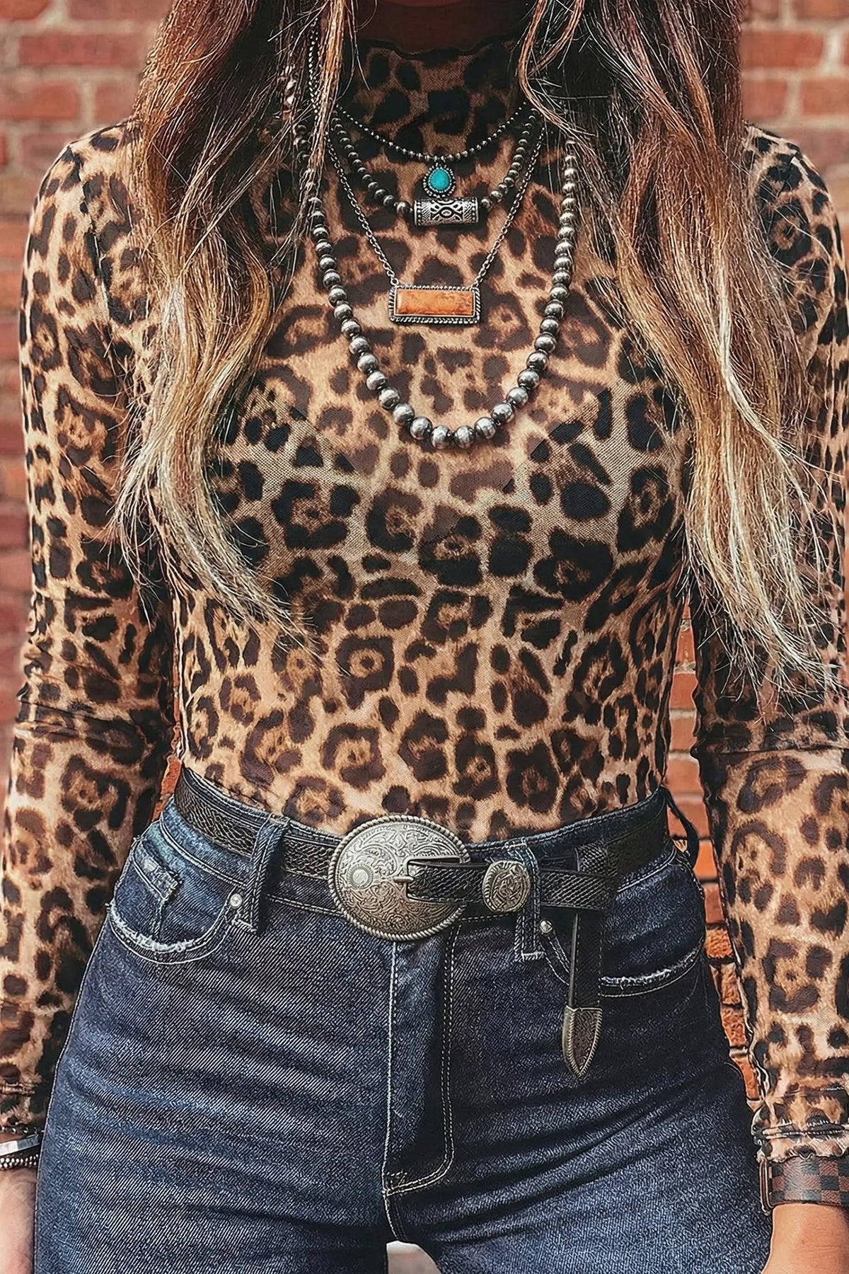 Leopard Print Slim Fit Mesh Long Sleeve Mock Neck Top model front view · nz-alt-v1