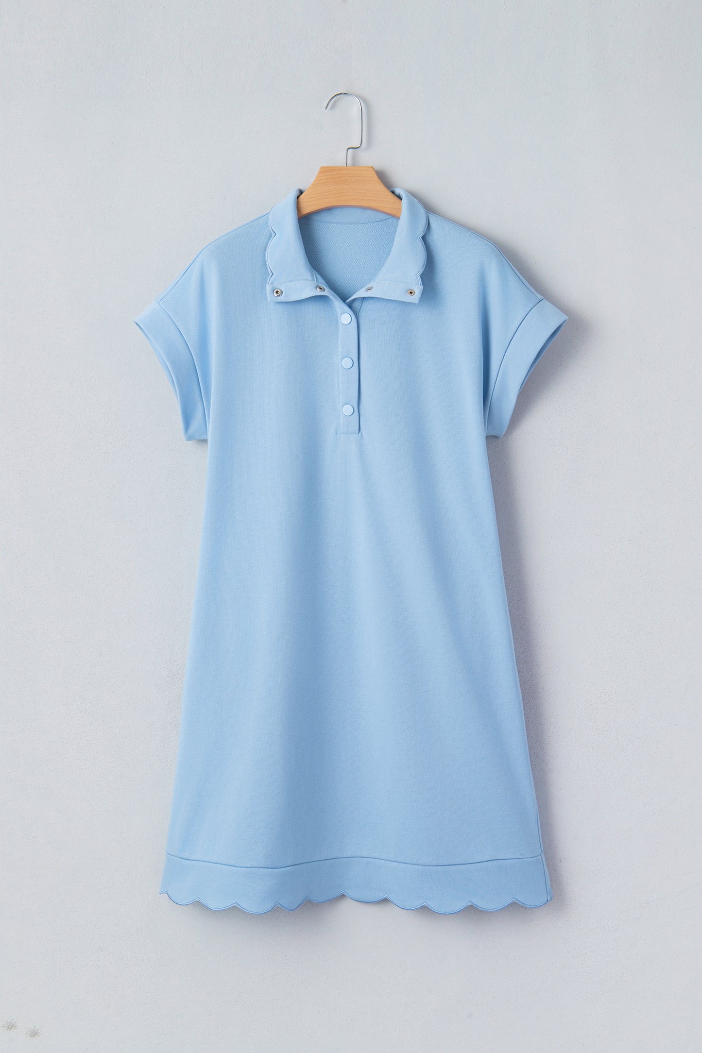 Sea Green Solid Color Snap Button Polo Collar Short Sleeve Scallop Hem Mini Dress