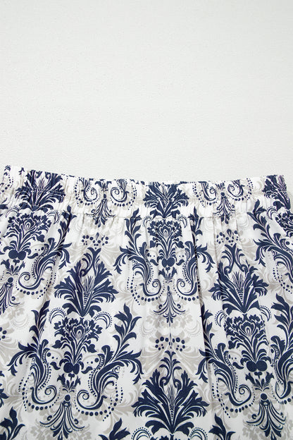 Blue Bohemian Floral Print Tiered Maxi Skirt with Split
