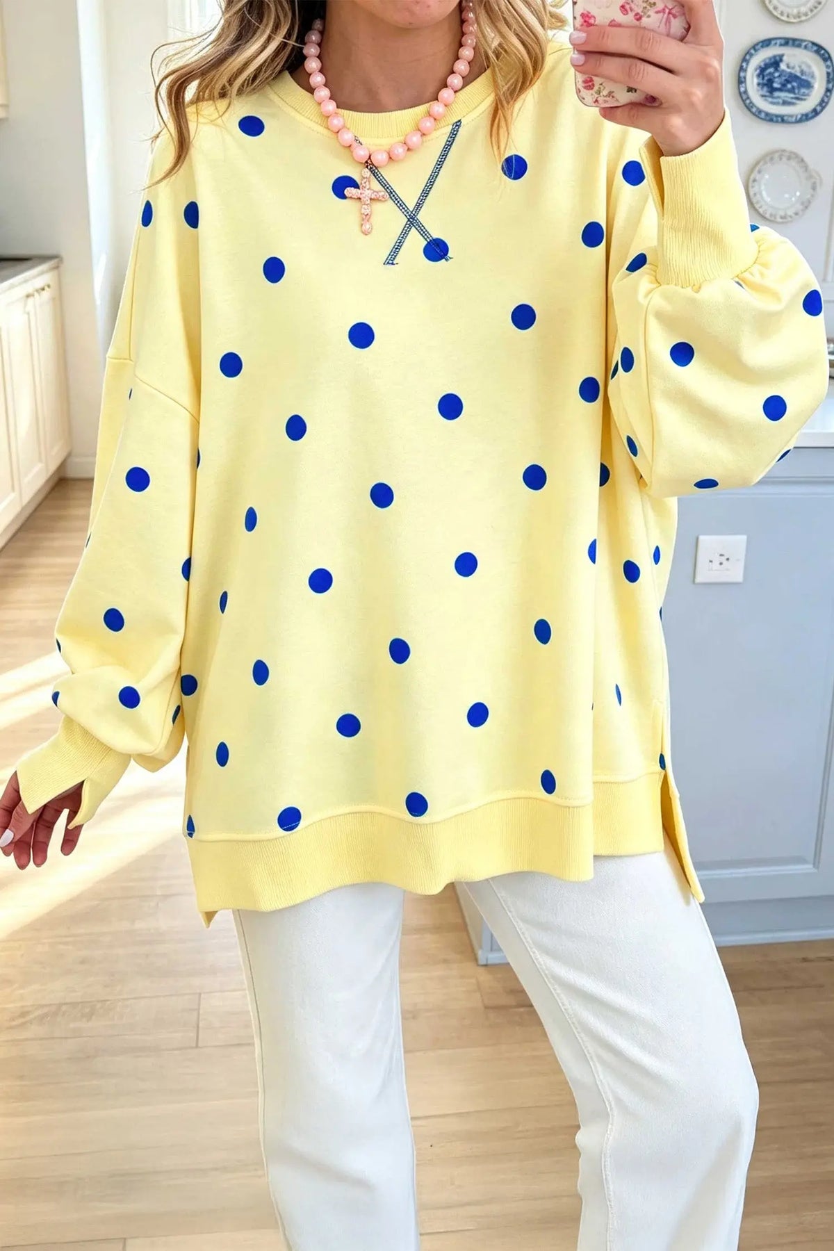 Pink Polka Dot Loose Long Sleeve Split Hem Pullover Top