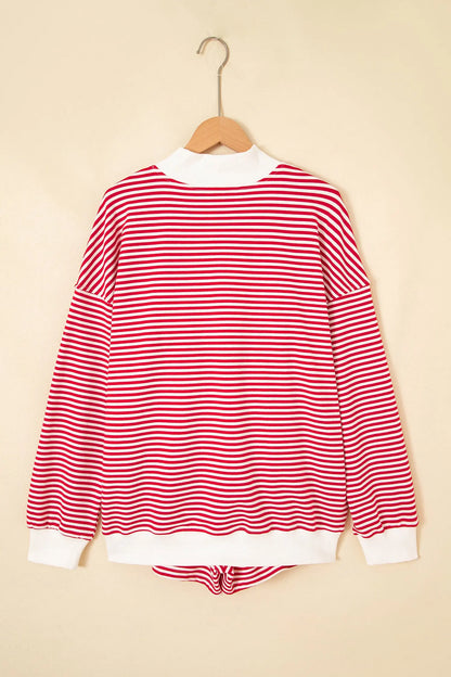 Red Stripe Oversize Mock Neck Sweatshirt and Shorts Set