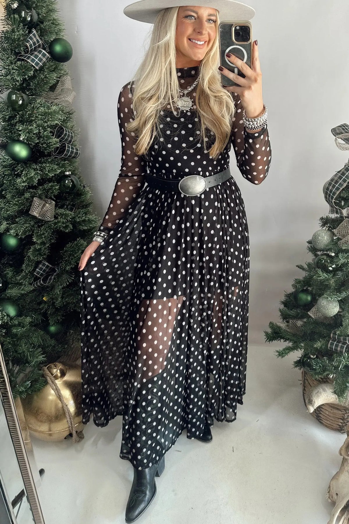 Black Polka Dot Pattern Mesh Long Sleeve Maxi Dress 2pcs Set model front view · nz-alt-v1
